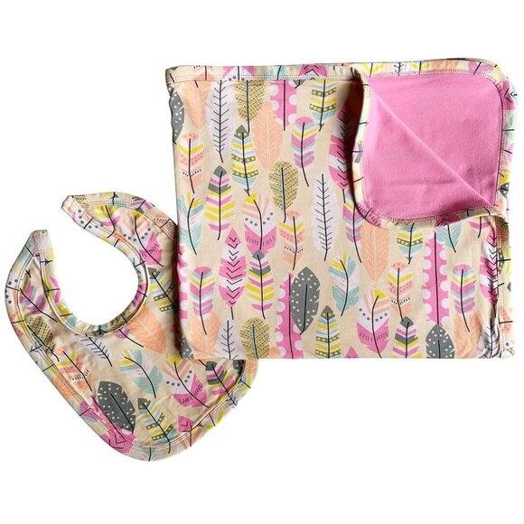 Colorful Feather Print Baby Blanket & Bib Set - Picture 1 of 3